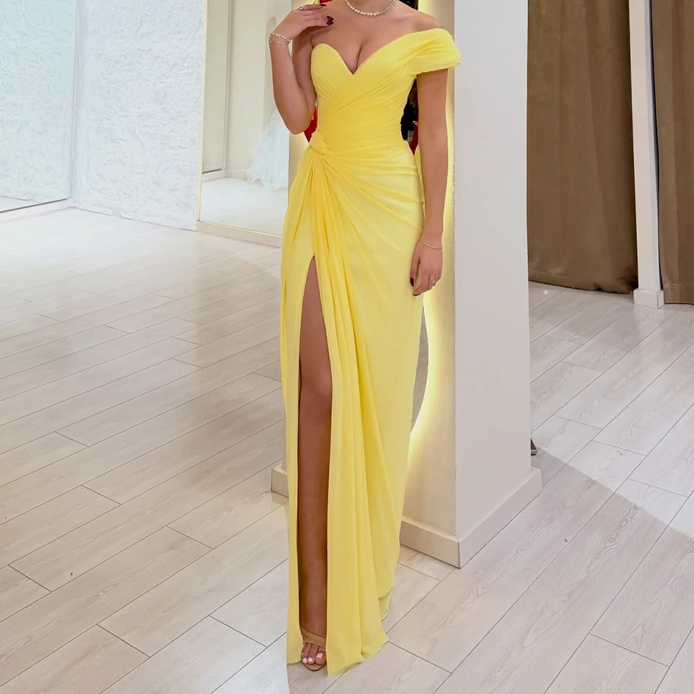 

Customize Yellow Straight Evening Dresses Floor-length Off The Shoulder Sleeveless Prom Gown Fashion Draped Backless Party Gown