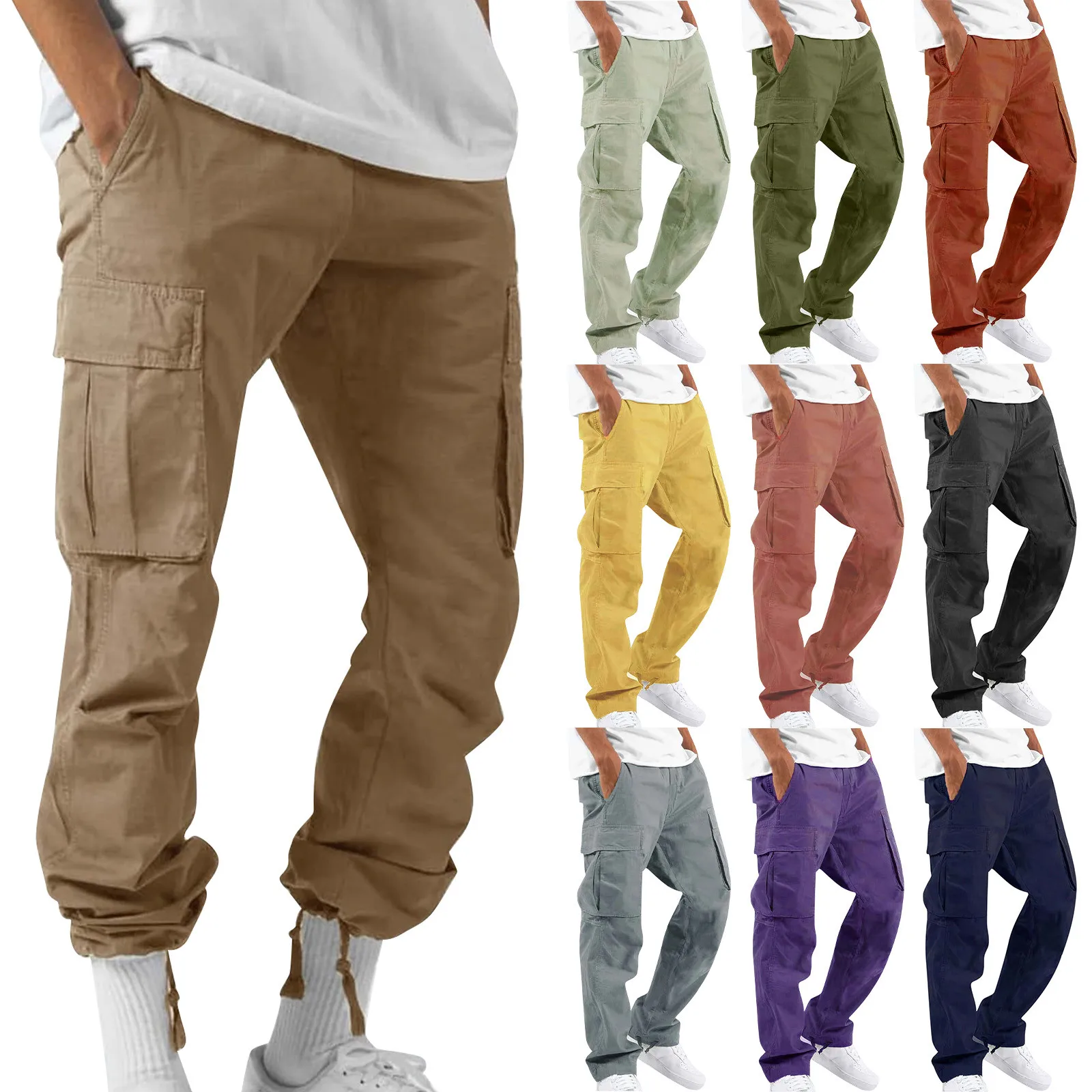 Men'S Overalls Drawstring 2024 Pants Multi Pocket Casual Hiking Summer Trousers Cotton Twill Basic Durable Fashion Pantalones