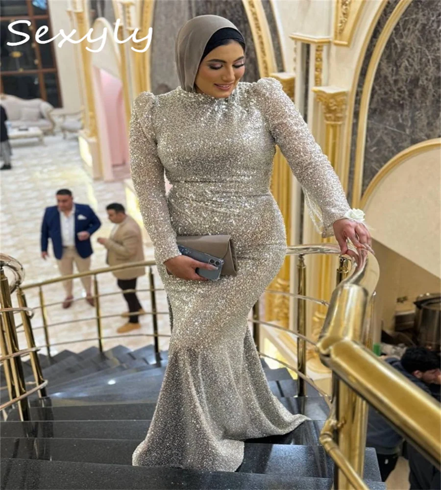 

Sparkly Sequined Muslim Evening Dress Plus Size Shine Mermaid Prom Dress Arabic Dubai Abaya Birthday Formal Party Customized