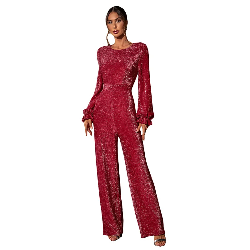 

Elegant Backless Jumpsuit with High Waist and Long Sleeves