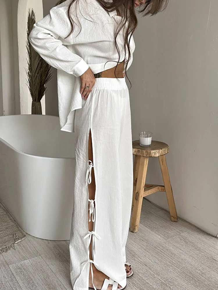 Frauen Casual Lose Feste Lange Hose 2Pc Anzug Elegante Revers Langarm Hemd Outfits Mode Taste Top & hohl Tie-Up Hose Set
