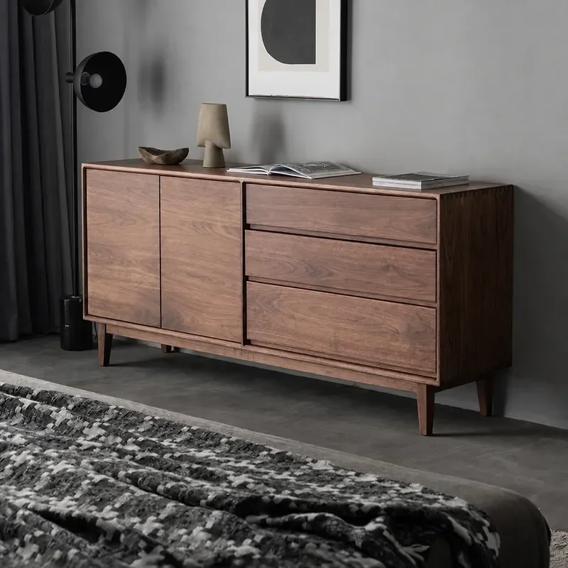 Nordic Black Walnut Solid Wood Three Bucket Storage Cabinet Simple Japanese Style for Living Room Entrance Bedroom Dining