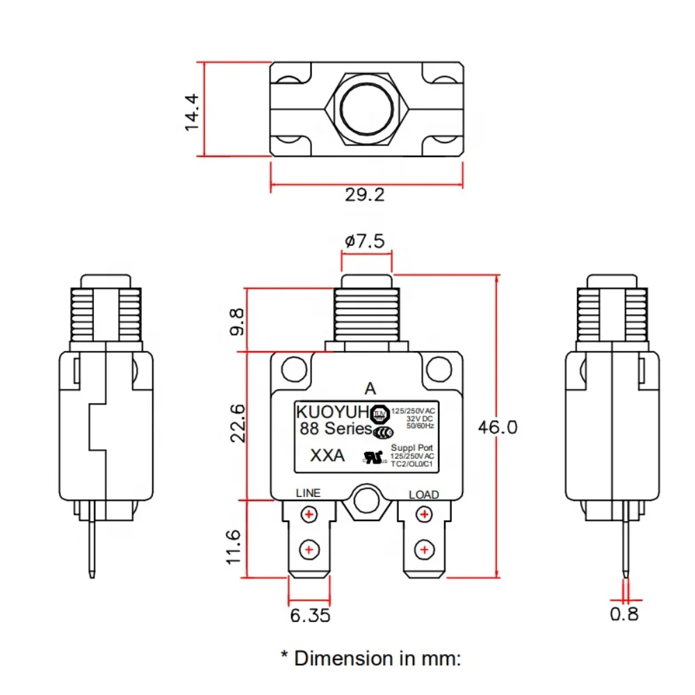 100% Kuoyuh 88 Series 5A 10A 15A 20A 25A 30A DC automatic reset thermal overload protector switch circuit breaker for Motors