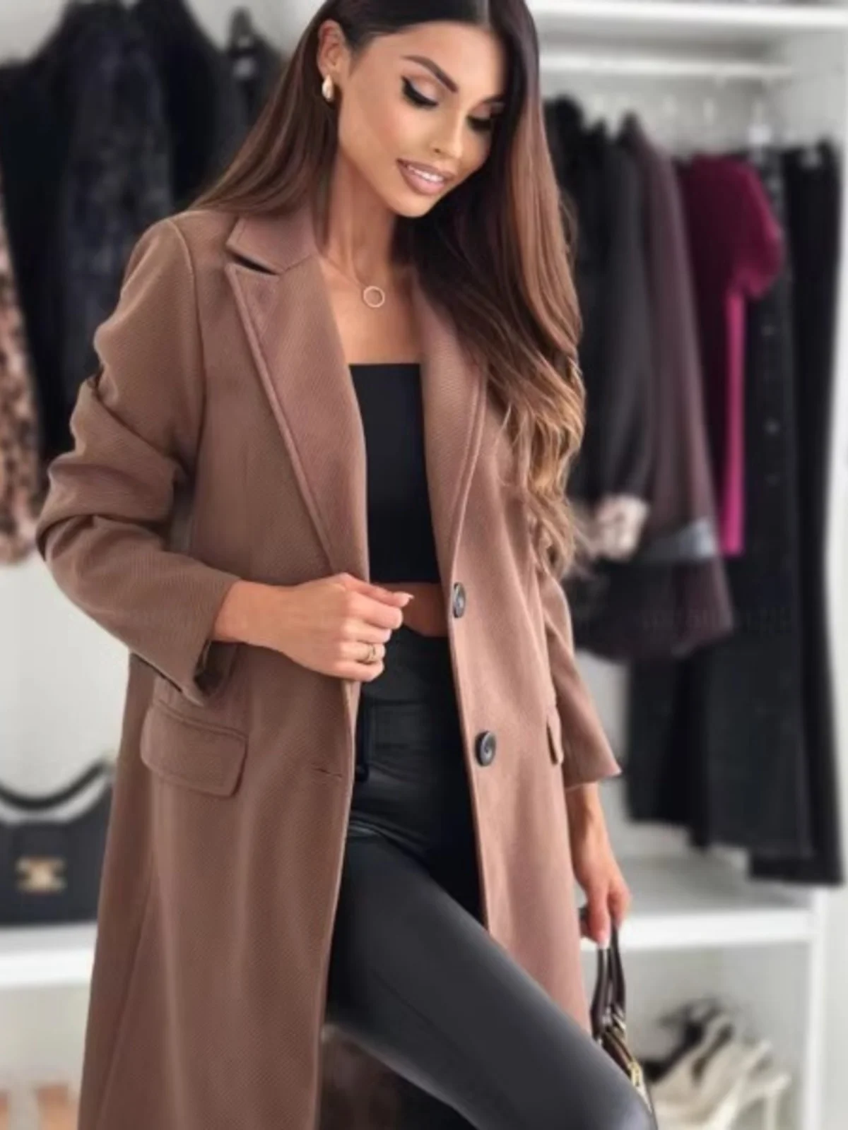 

Autumn Winter New Style Women's Woolen Coat Long Sleeve Single Button Pure Color Suit Collar Mid-Length Fashion Outerwear