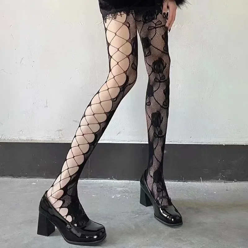 Gothic Hollow Out Rose calze a rete JK Lolita collant a rete donna Sexy Bottomed collant Punk Streetwear Leggings calze