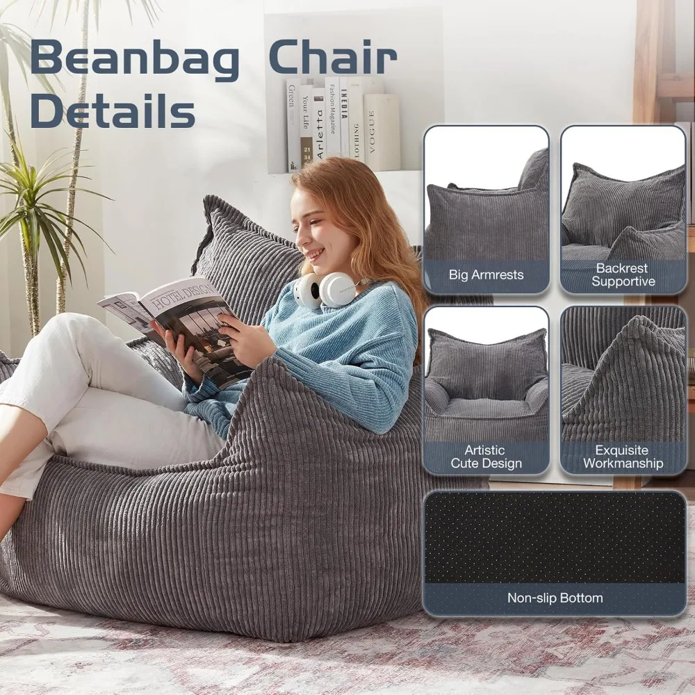 Giant Bean Bag Chair Sofa for Adults Teens, Comfy Corduroy Large Bean Bag Chairs with Armrests for Bedroom Living Room, Adult Be