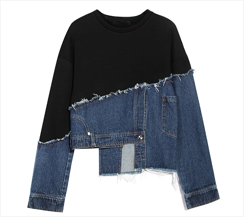 Zwart Denim Onregelmatig Casual Sweatshirt Nieuwe Ronde Hals Lange Mouw Dames Big Size Mode Tij Lente Herfst 2024