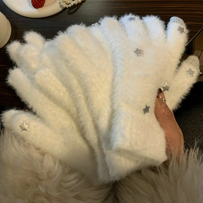 Vintage Winter Heart Mink Velvet Five Finger Gloves Plush Warm Cold-proof Gloves Women White Snow Star Wistiti Mittens Gloves