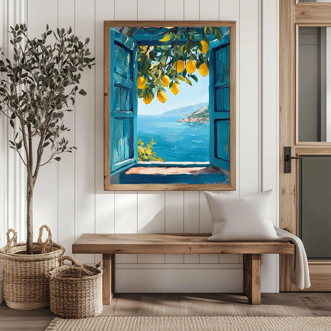 

Mediterranean Window View Art Print Coastal Lemon Tree Wall Decor Italian Seaside Scenery Canvas Poster Modern Home Decor Gift