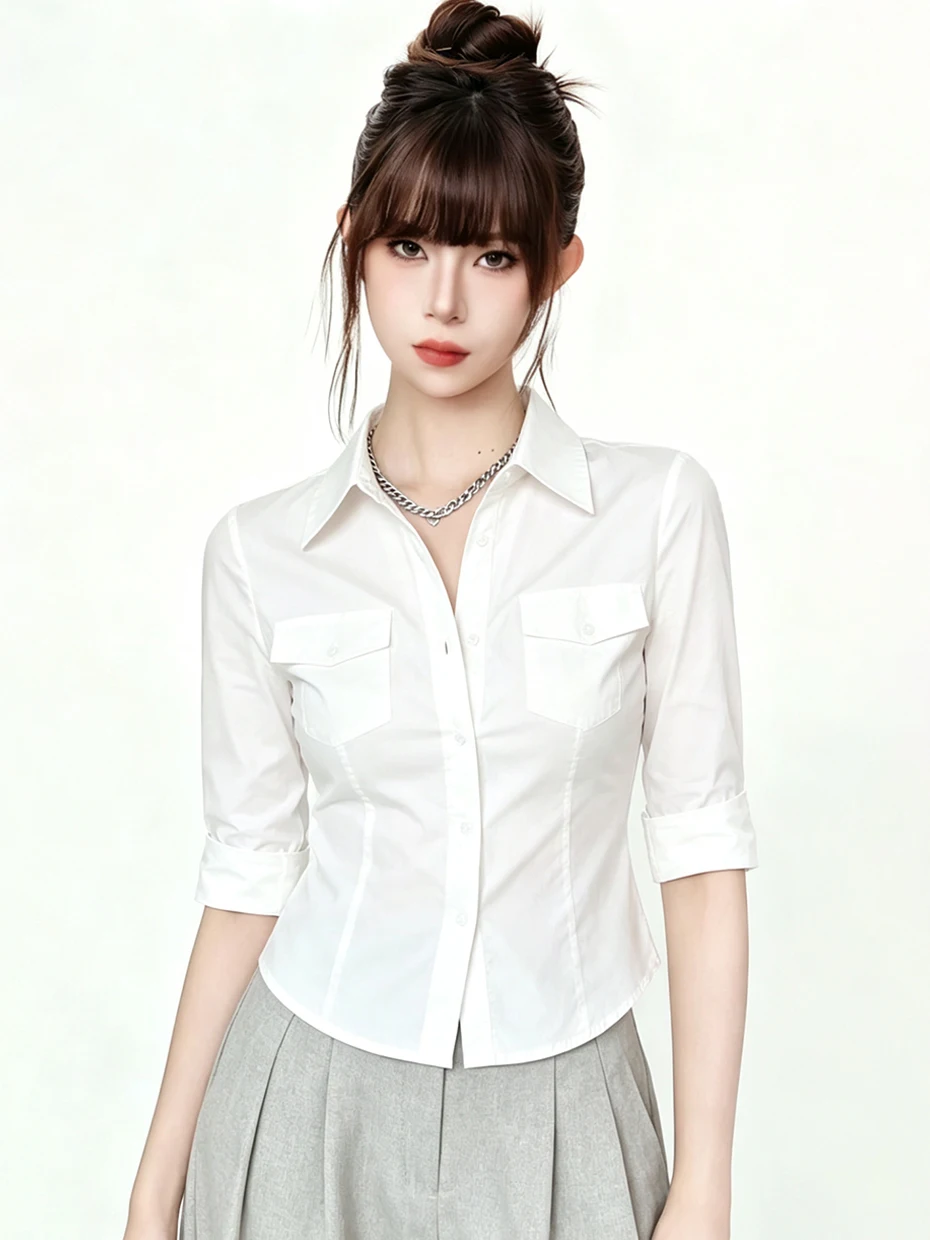 

Elegant White Short Shirt Women's Sleeveless Slim Fit Waist-Cut Summer Top Commute Style Polyester Fiber Korean Version