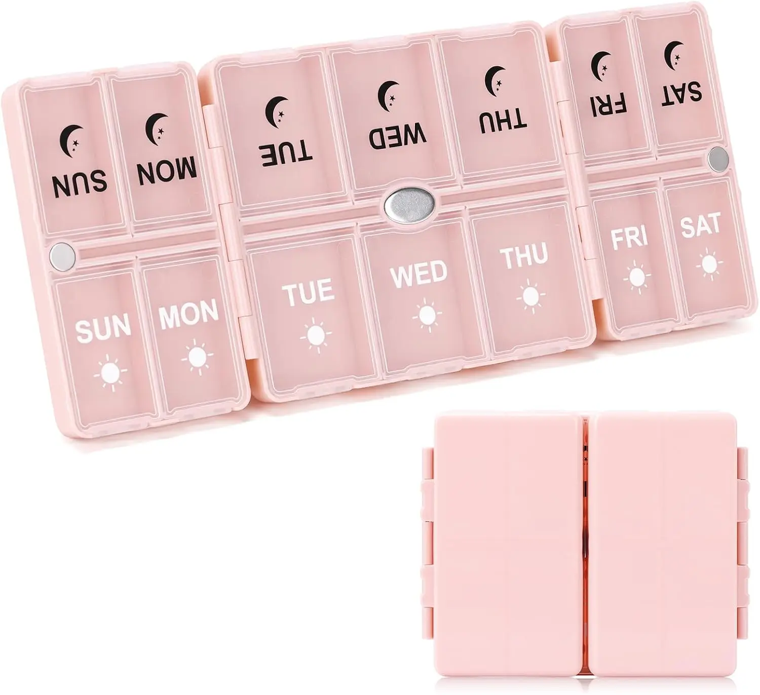 Weekly Pill Organizer 2 Times a Day, Magnetic Travel Pill Box AM PM with Easy Open – 7-Day Daily Pill Case for Vitamins,Supplements - Pink