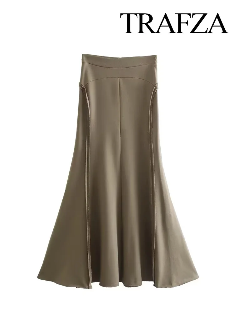 TRAFZA 2024 Women Summer Fashion Brown Silk Texture Satin Sheath Long Skirt Female Chic Curve Beach Outfits Mermaid Skirts TRAF