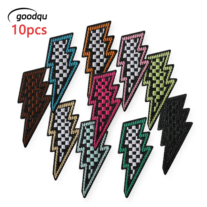 10pcs Lightning Patches For Clothing Chequer Iron On Embroidered Jacket Patch Sew Kids Lot Sticker Fabric Applique Thermocollant