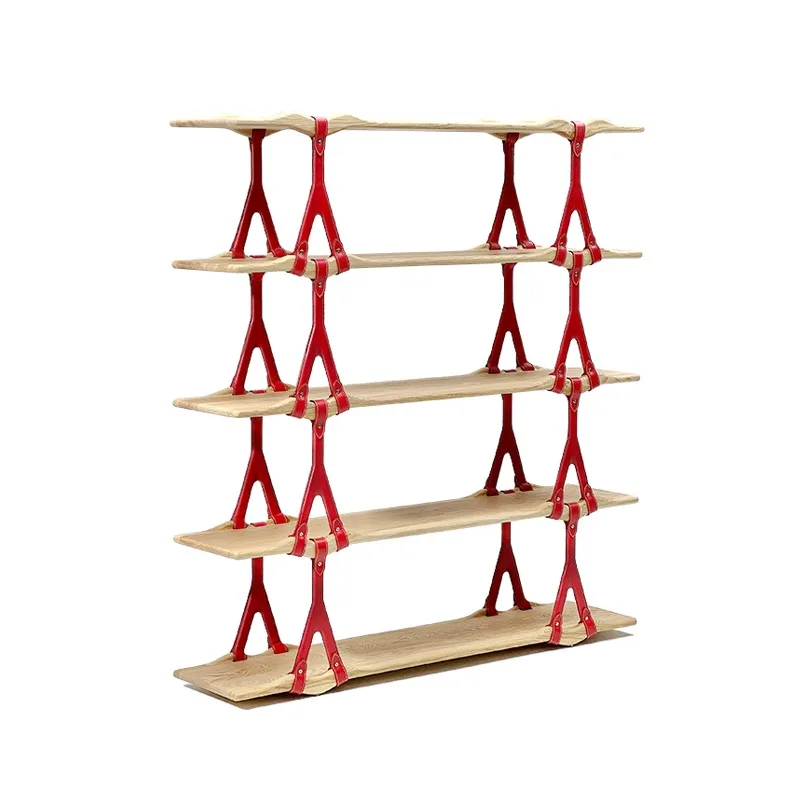 Multi-layer ash wood home shelves, wave bookshelves, saddle leather