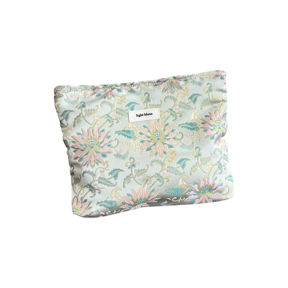 Canvas Cosmetic Bag Jacquard Texture Lotus Pattern Clutch Bag Chinese Inspired Style Large Capacity Organizer Pouch