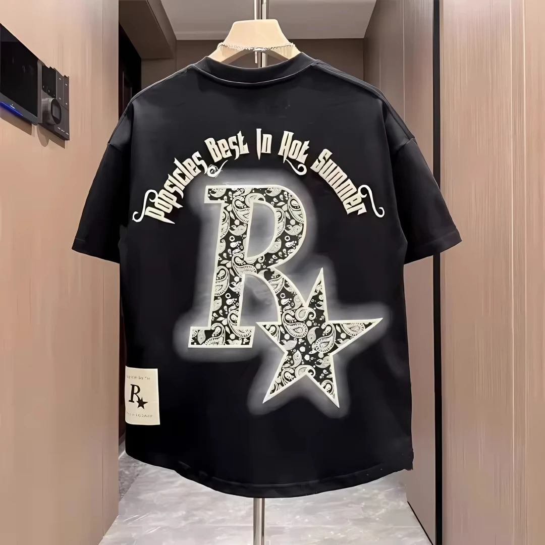 2026 Men Paisley Letter Star Graphic T Shirt Vintage Gothic Text Streetwear Crewneck Tee