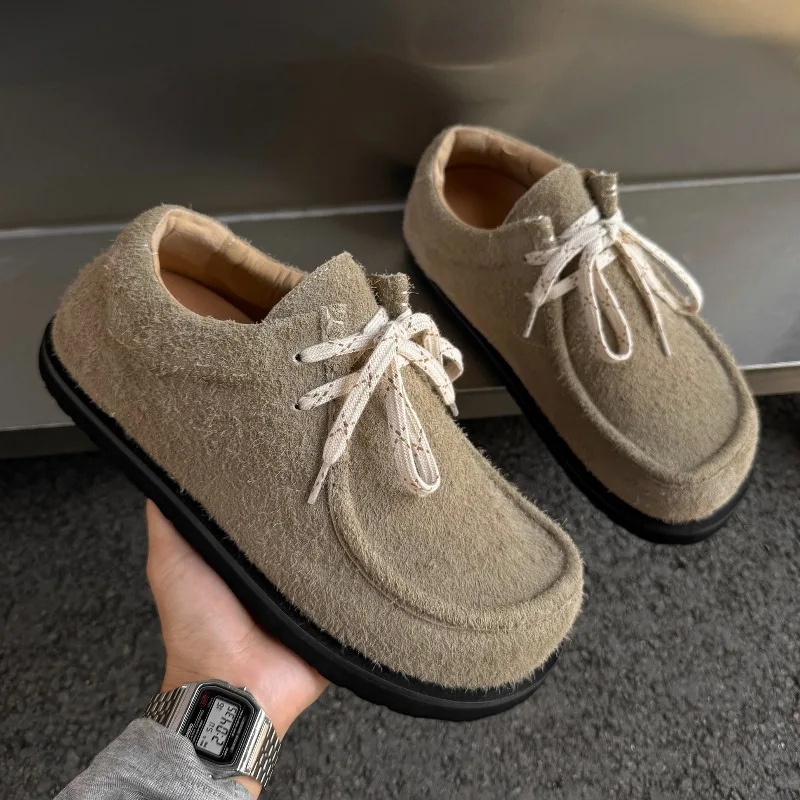 Men Lazy Style Synthetic Suede Leather Square Toe Derby Shoes Niche Plush Feeling Thick Sole Trendy Commuting Couple Style