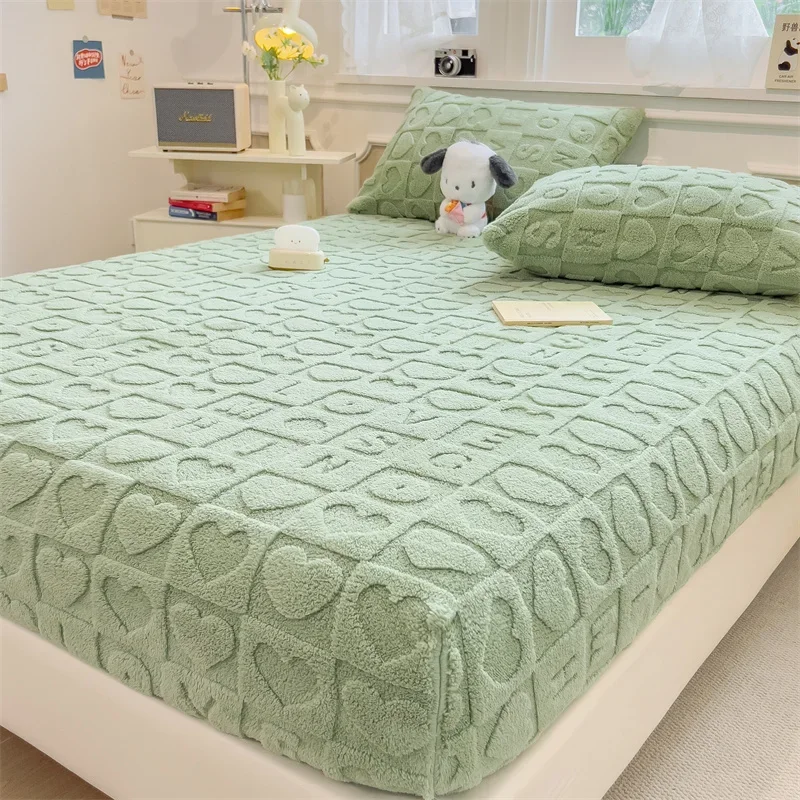 The New Item Fitted Sheet Love Patterned Tuff Mattress Cover Milk Fleece Thickened Warm Bed 360 Degree Wrap with Elastic Bedding