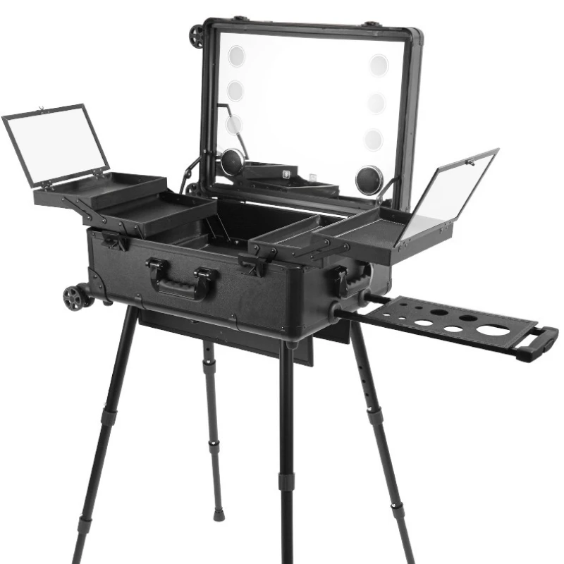 

Universal wheel LED professional beauty box, aluminum alloy tie rod with lamp cosmetic case table hairdressing tattoo