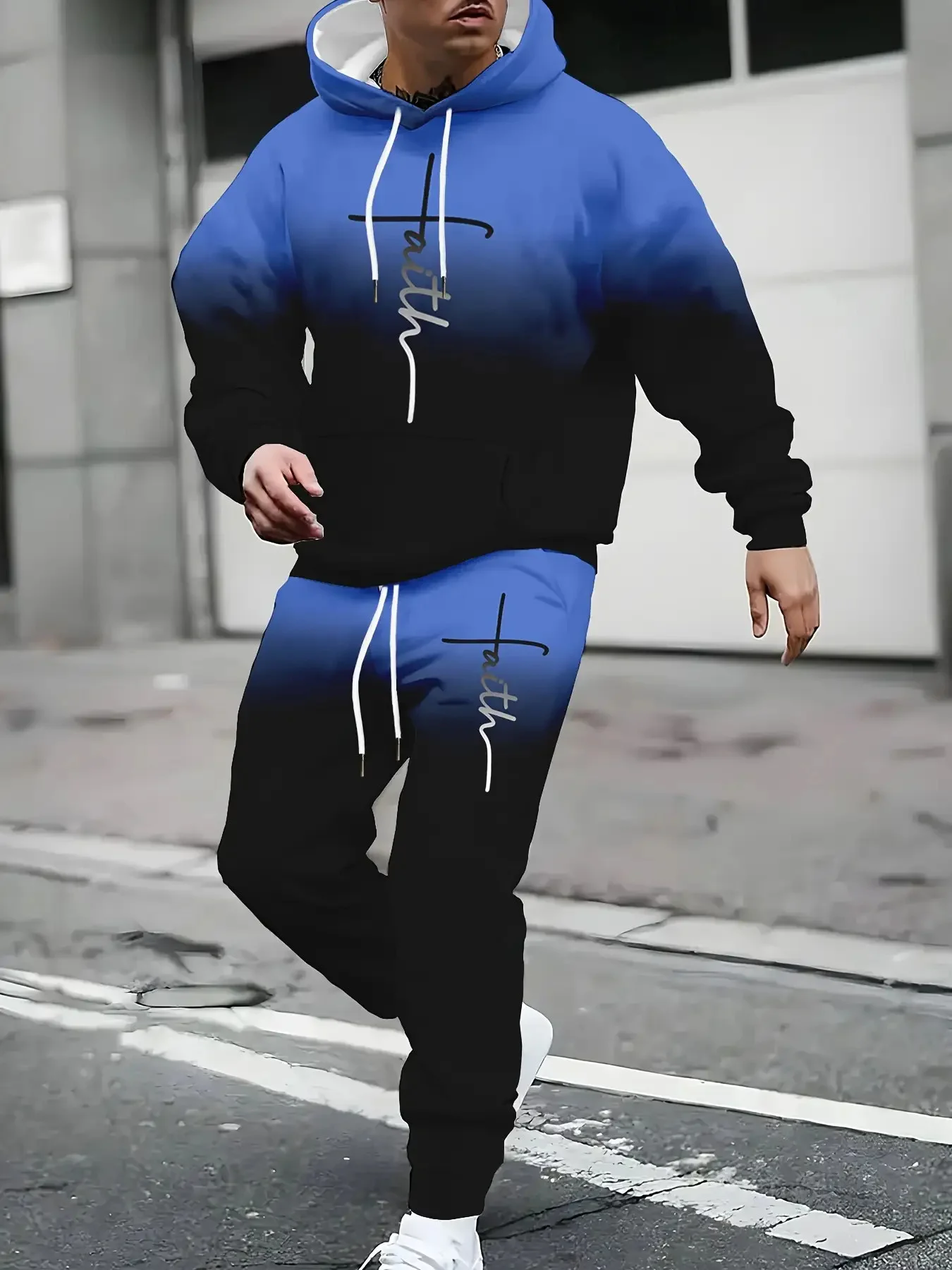 Autumn and Winter Men Hoodie Set Men Letter Pattern Gradient Color Hoodie Set Men Casual Set Men Gradient Set Quick Drying