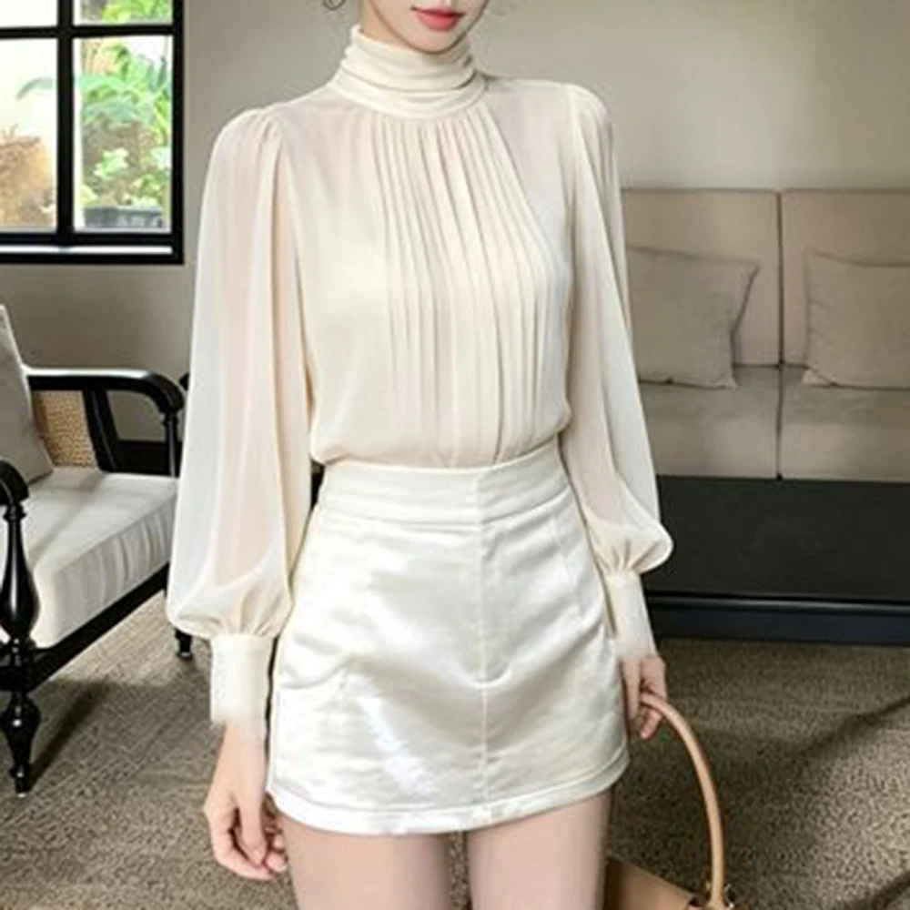 Korean design semi-turtleneck shirt loose casual thin sunscreen blouse with temperament light luxury thousand gold style