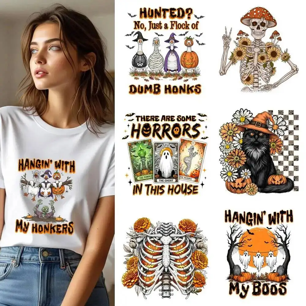 25CM Halloween Spooky Ghost Bat Skeleton Heat Transfer Patches For Clothes DIY A-Level Washable Shirt Iron-on Thermal Sticker