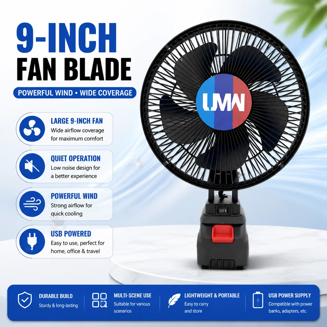 9-inch two-speed portable fan, compatible with Makita batteries, for outdoor camping, construction sites, and fishing