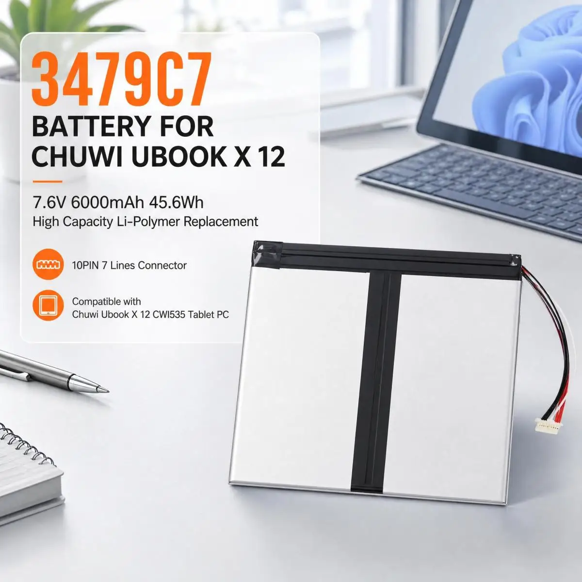 7.6V 6000mAh 45.6Wh Li-polymer Replacement Battery 3479C7 Compatible with Chuwi Ubook X 12 CWI535 Tablet PC 10PIN 7 Lines