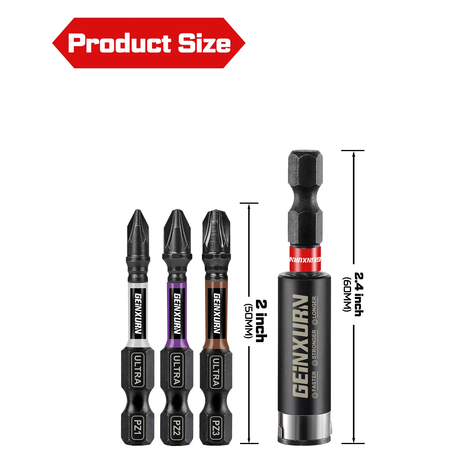 Geinxurn Impact  Pozidriv  Screwdriver Bits Set(PZ1/2/3), 2'' Magnetic S2 Steel Bits Set and Impact Bit Holder with Color Coded