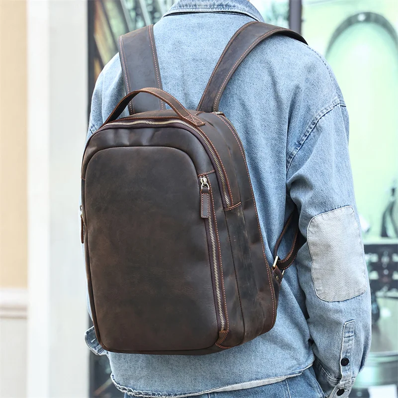 

High Quality Vintage Thick Brown Genuine Crazy Horse Leather A4 15.6'' Laptop Women Men Backpack Cowhide Male Travel Bag M6637