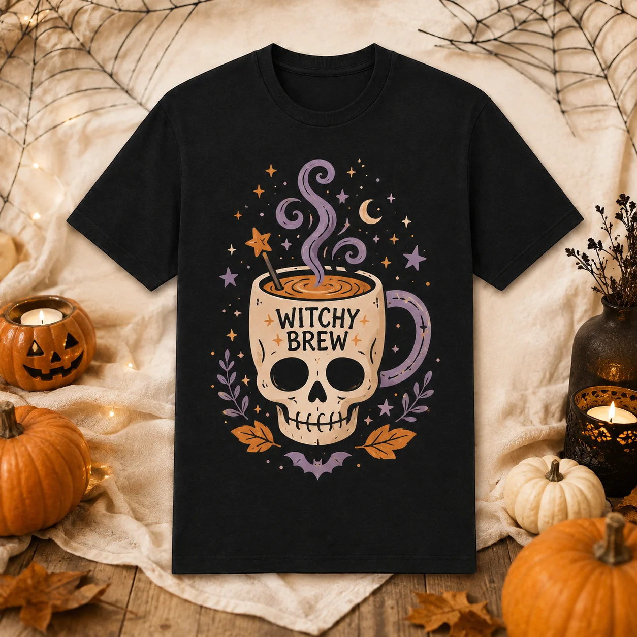 Women Men Cotton Shirt Witchy Brew Skull Mug Pattern Halloween Stylish T‑Shirt Short Sleeve Brew Magic Tees For Holiday Party