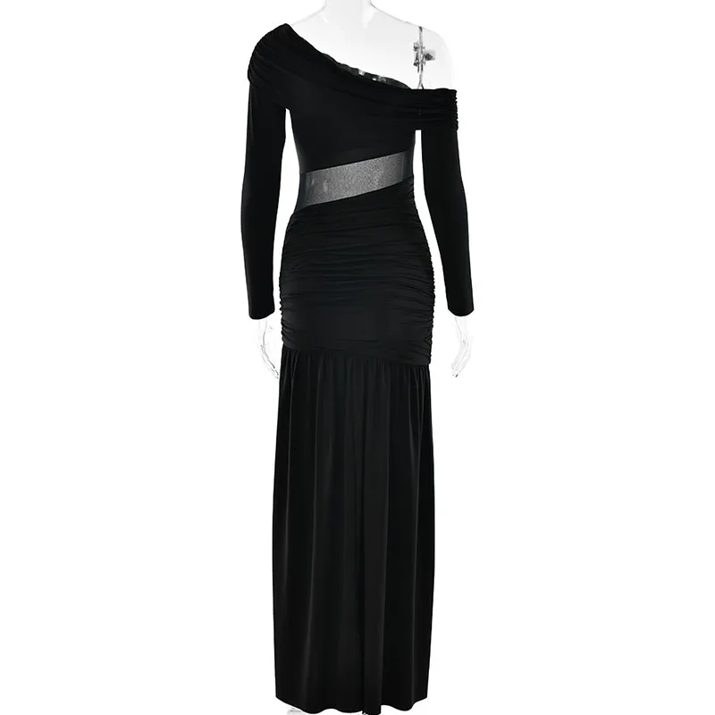 ZHIO Neues Kleid mit schrägem Kragen und langen Ärmeln, sexy schulterfreies Maxikleid mit seitlichem Schlitz, elegantes rückenfreies enges langes Clubkleid für Damen – Detail 13