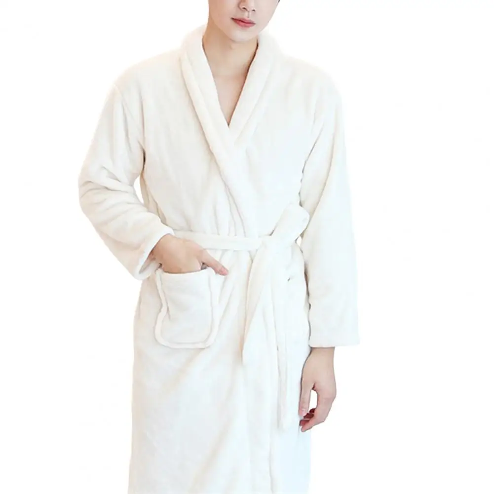 Couple Bathrobe Coral Fleece Open Stitch Solid Color Thicken Tight Waist Bathing Belt Unisex Pockets Winter Bathrobe for Bedroom