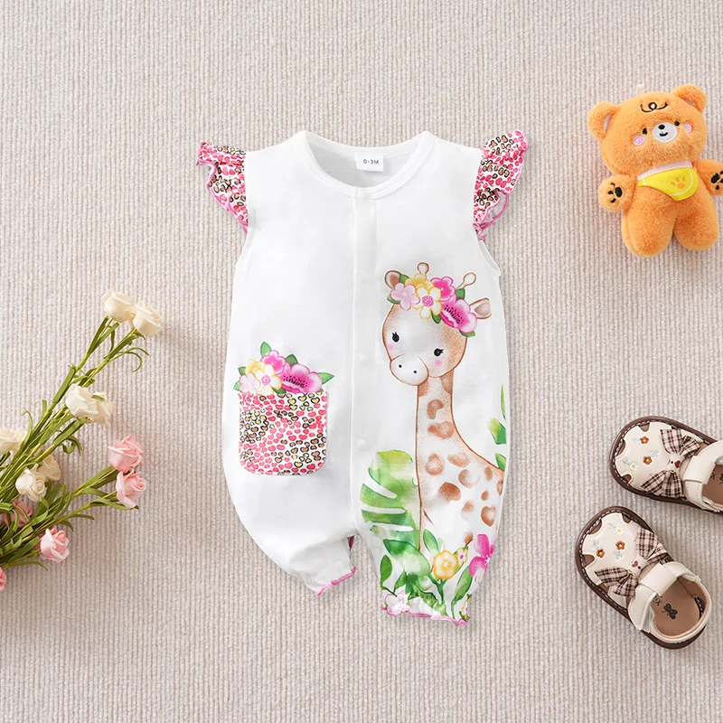 Newborn Baby Girls Summer Floral Giraffe Ruffle Sleeve Sleeveless Romper Stretch Breathable Daily Photo Outfit 0‑18M Jumpsuit Ro