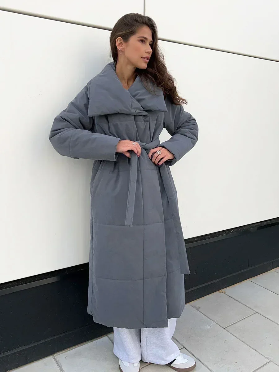 Ladies Cotton Padded Jacket Bornladies Women Loose Quilted Jackets Parkas Winter Coats Oversized Warm Long Belt Puffer Jackets