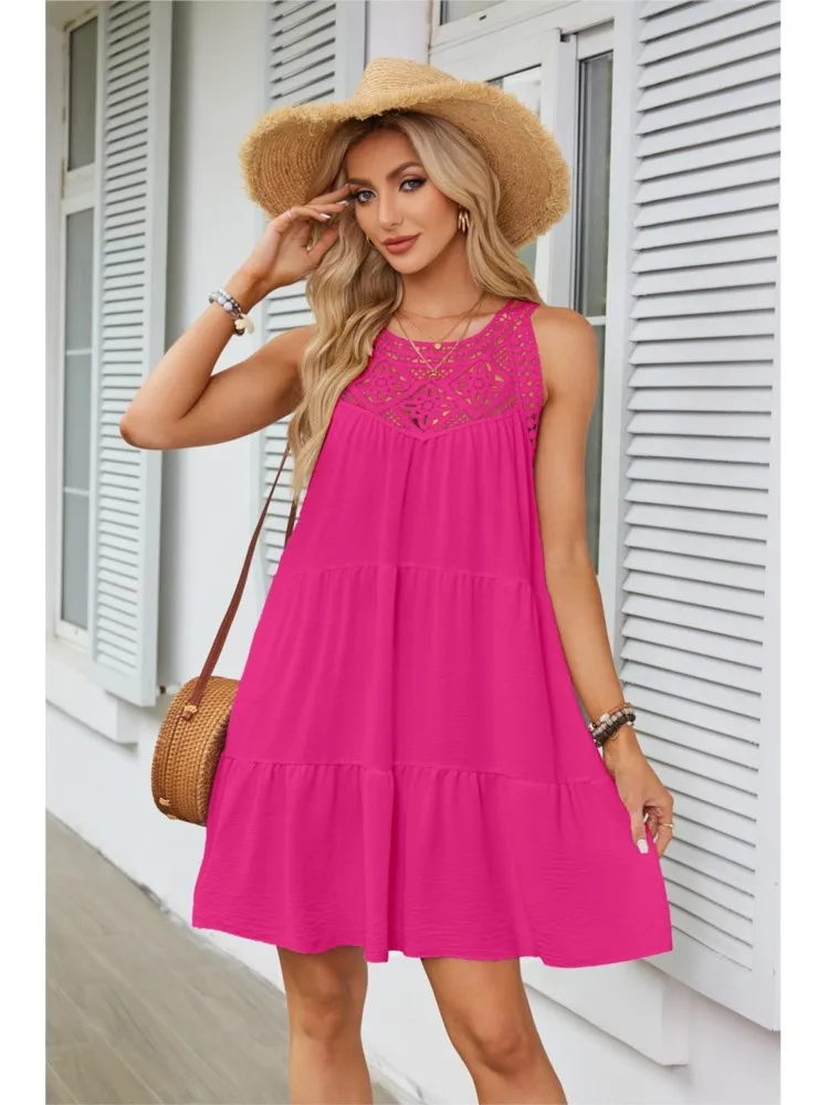 

Sexy Hollow Lace Off Shoulder Short Dress For Women's Spring Summer Solid Color Hollow Lace Splicing Hanging Neck A-line Dress