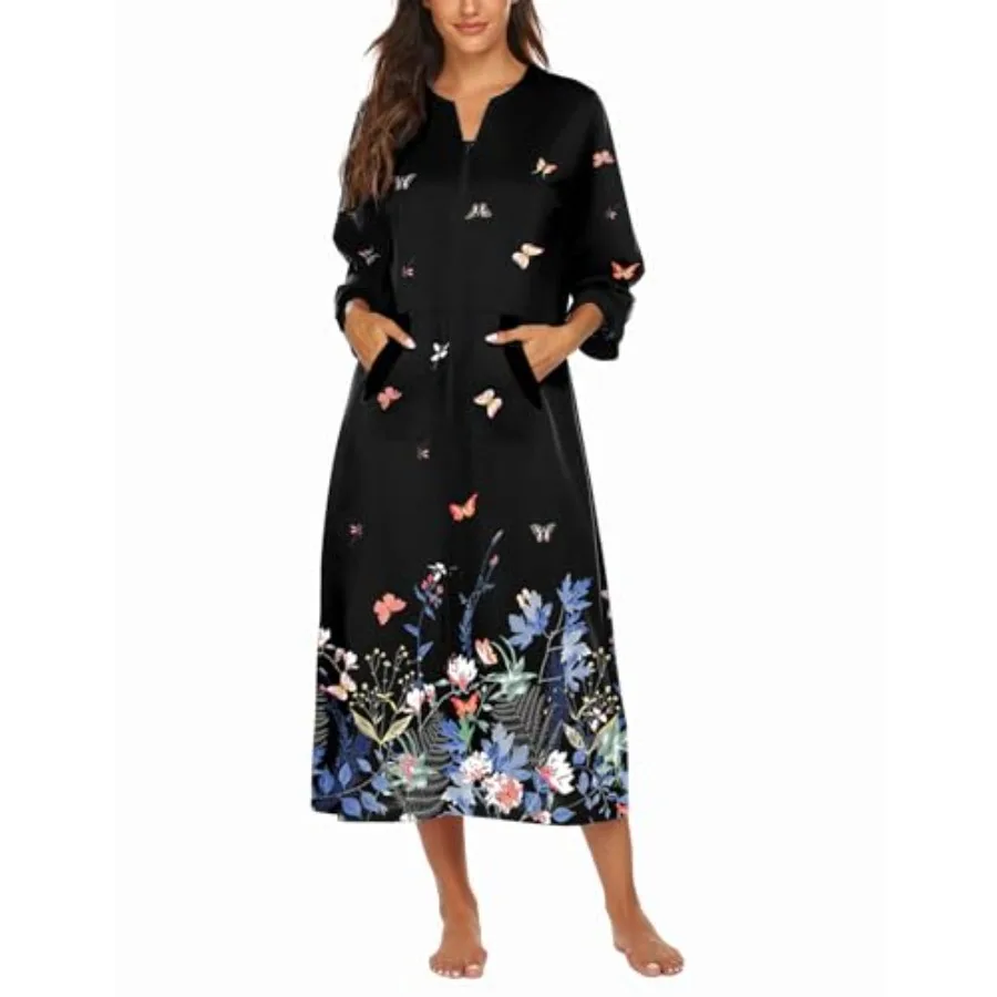 Women Zipper Robe 3/4 Sleeves Loungewear Dress Full Length Sleepwear Pockets Housecoat Nightgown Long Bathrobe