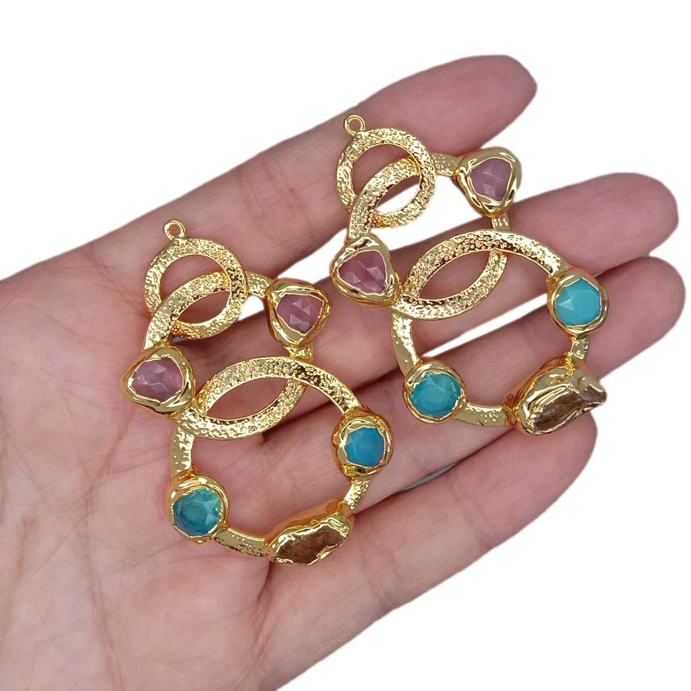 Wholesale 5 PCS 35x52mm Natural red and blue cat eye Yellow Citrine Rough Gold Electroplated  Ring Pendant Charm