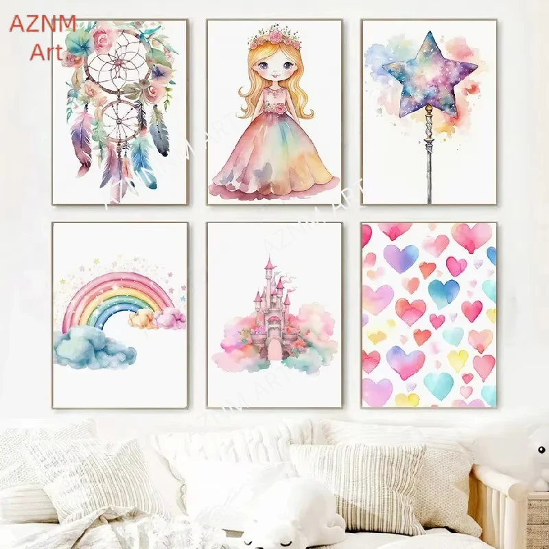 Dreamcatcher Princess Unicorn Girl Fairy Castle Colorful Wall Art Canvas Painting Posters and Prints Picture for Kids Room Decor