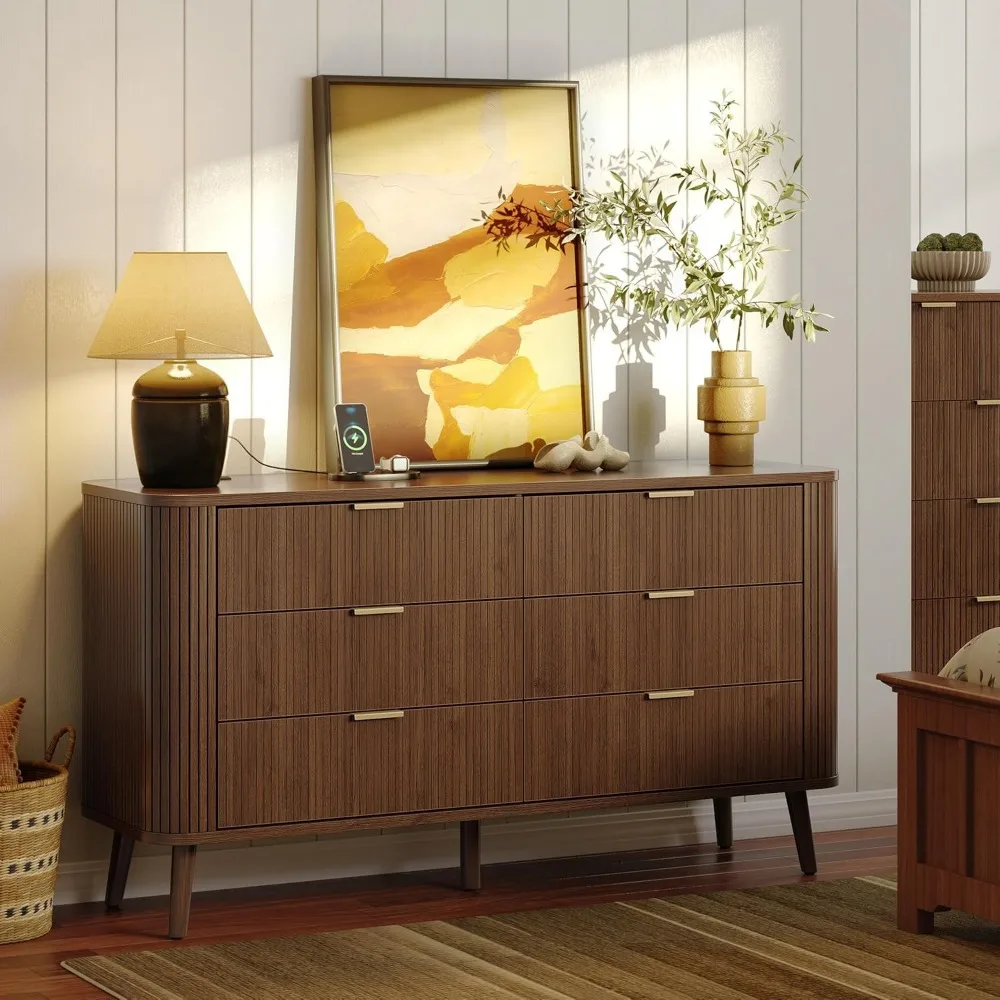 

Fluted 6 Drawer Dresser with Charging, 57" Wide Wood Dresser TV Stand, Mid Century Modern Long Dressers with Curved Profile Desi