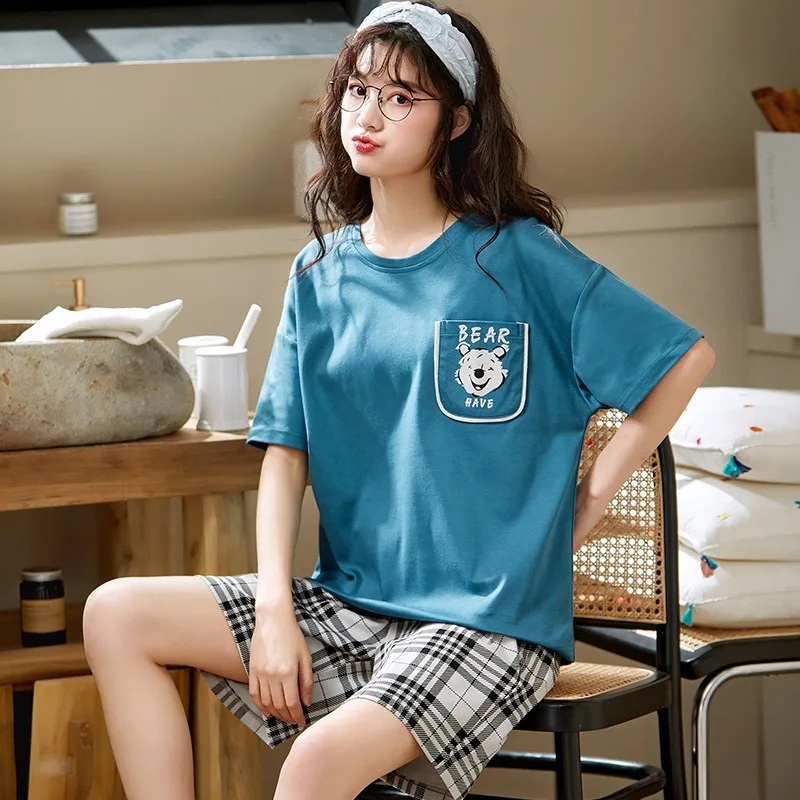 

Plus Size Cotton Pajamas Ladies Summer Short Sleeve Shorts Thin Two Piece Set Cartoon Cat Pattern Round Neck Romantic Ladies Se