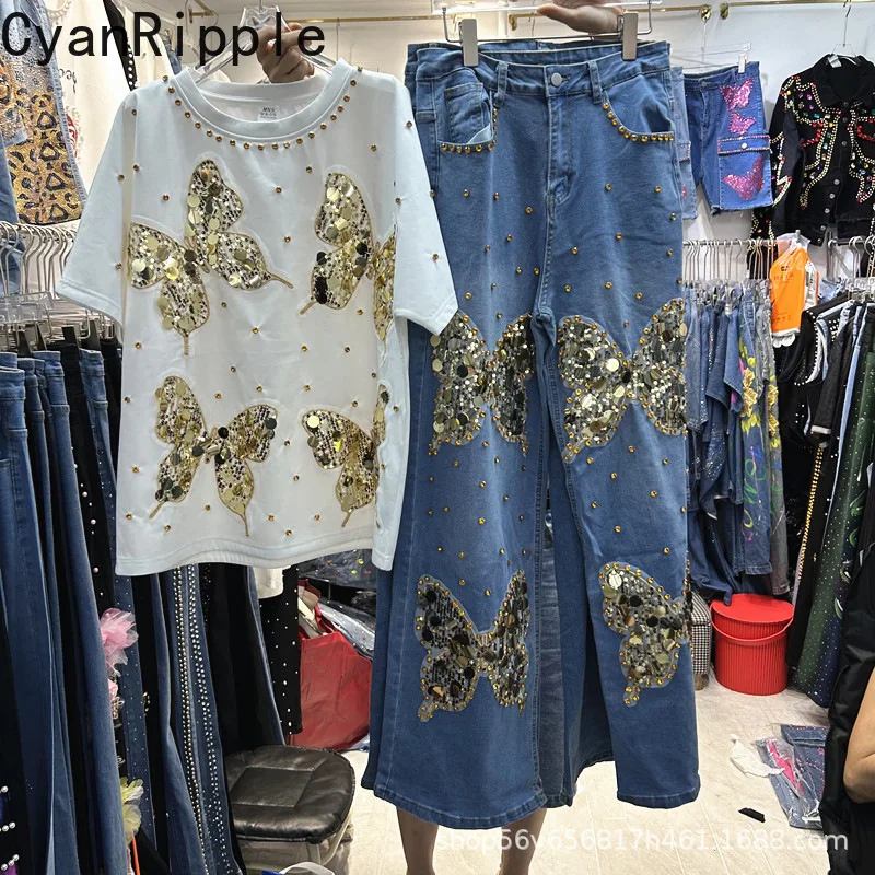 Trendy Women Two-piece Set Spring Summer Sequins Butterfly White Short Sleeve T-shirt Top+High Waist Wide Leg Loose Denim Pants