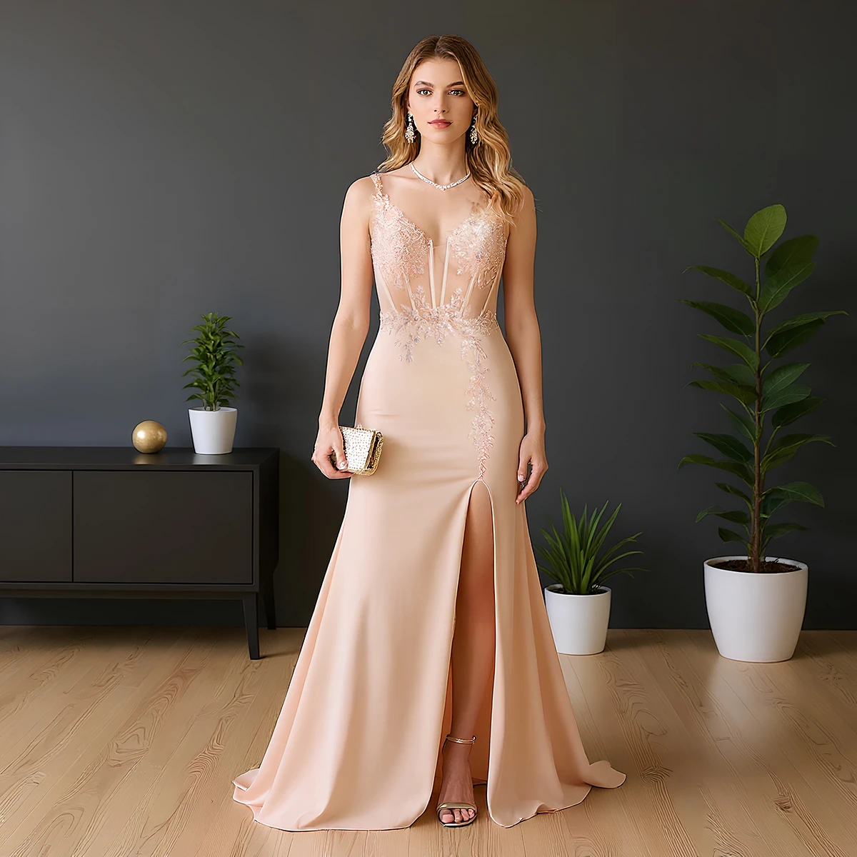 

Элегантное вечернее платье Русалка с v-образным вырезом и аппликацией, иллюзия, без рукавов, сексуальное платье для выпускного вечера с высоким разрезом, вечернее платье Vestido De Fiesta