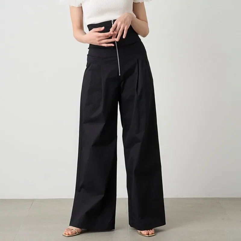 High Waist Zipper Rompers Spring Autumn New Clothing Casual Jumpsuits Wide Leg Pants Japan Style Double Pockets Design Women