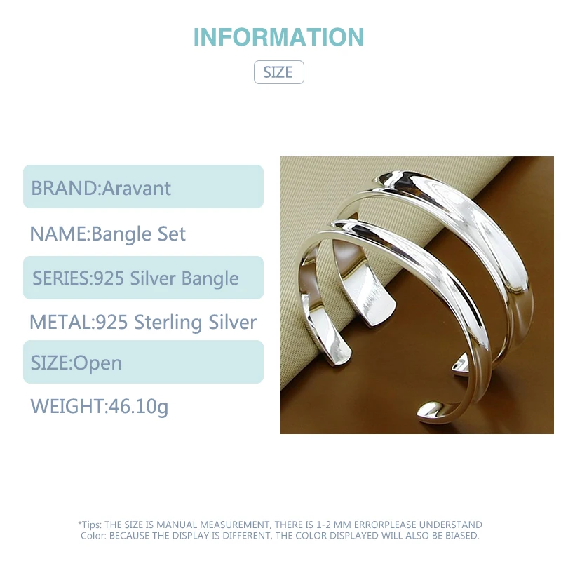 Aravant 925 Silver 2pcs Smooth Open Cuff Bracelets Bangles For Women Christmas Jewelry Set