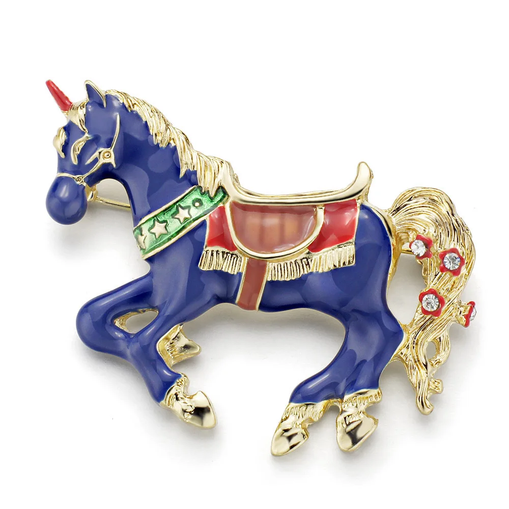 Unique Blue Enamel Horse Unicorn Crystal Vintage Animal Brooches Pins Button  For Women Girl Fashion Jewelry Z041