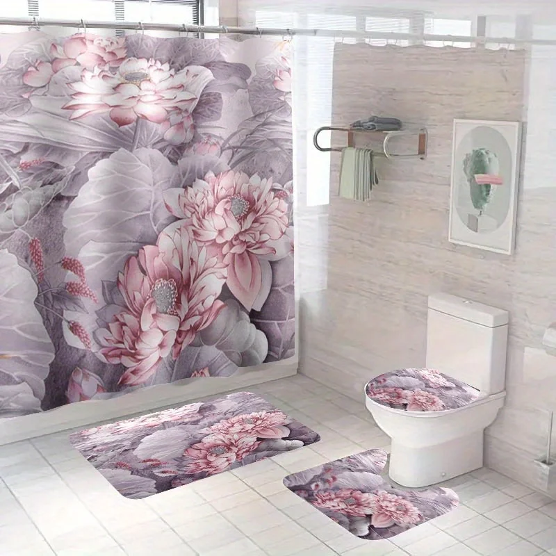 

4 шт. розовый большой набор для ванной комнаты с цветочным принтом, включая занавеску для душа, нескользящий напольный коврик, сиденье для унитаза, U-образный коврик