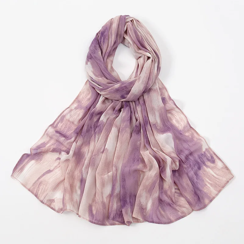 New Small Fresh Pearl Chiffon Printed Floral Scarf Ethnic Yarn Scarf Hui Headscarf Oil Painting Style Shawl Long Scarf
