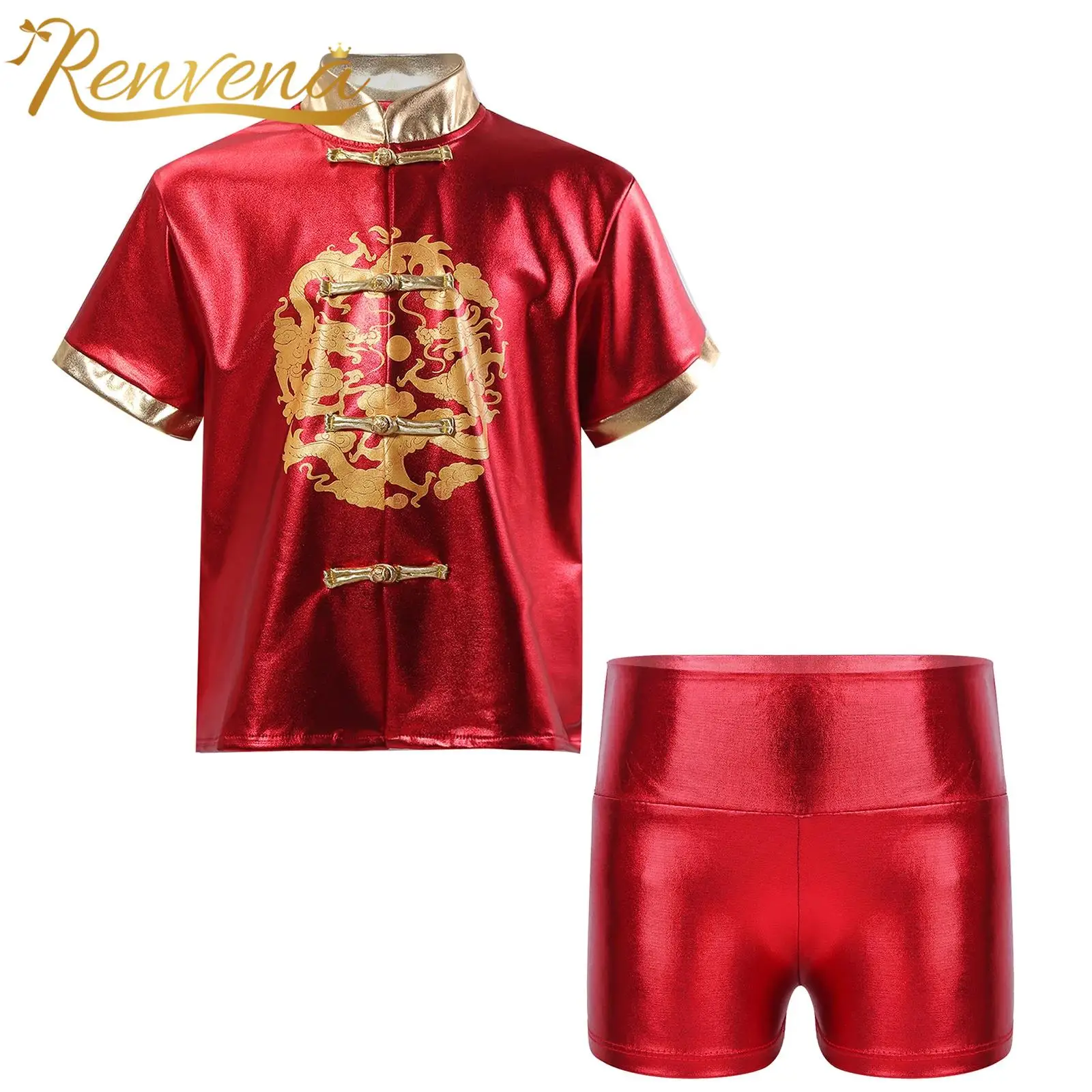 

Kids Girls Boys Traditional Chinese Costume Set Kung Fu Clothing Dragon Printed Metallic Tops with Shorts Children New Year Suit