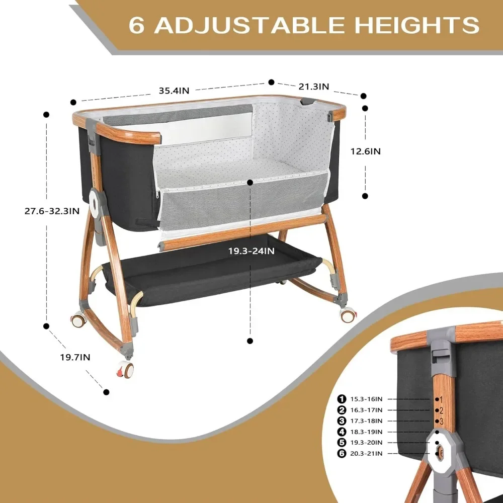 Berço de cabeceira para bebê, berço de cabeceira para bebê, cama de cabeceira com rodas, cesta de armazenamento, redes de mosquitos, fácil